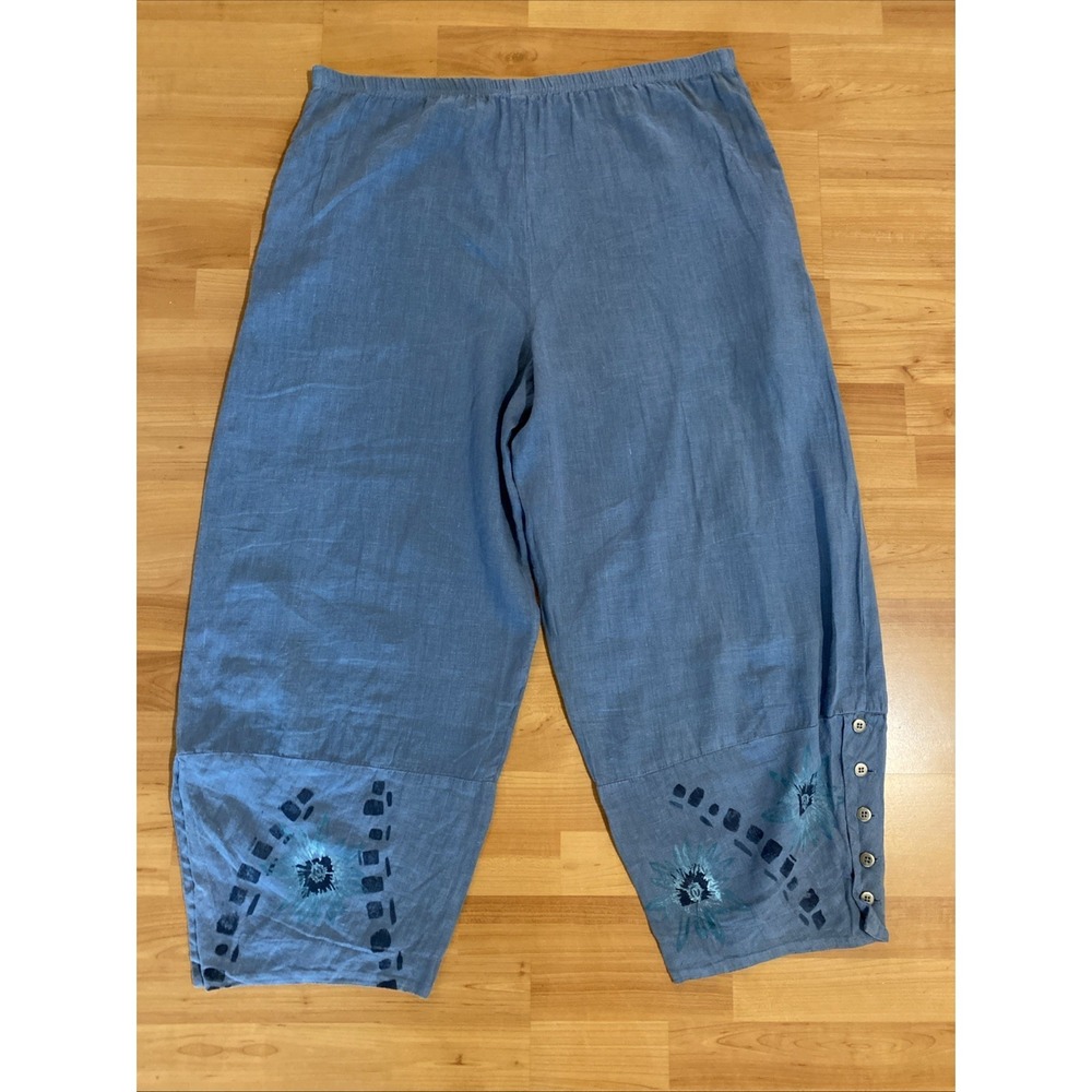 Blue Fish Hand Painted 100% Linen Wide Barrel Leg Blue Floral Artsy Size 1